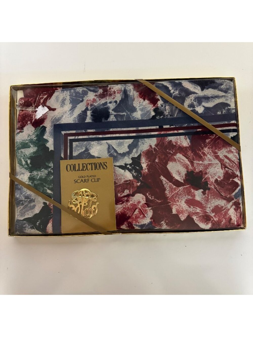 Montgomery Ward Floral Scarf and Gold Scarf Clip Boxed Set Vintage NEW